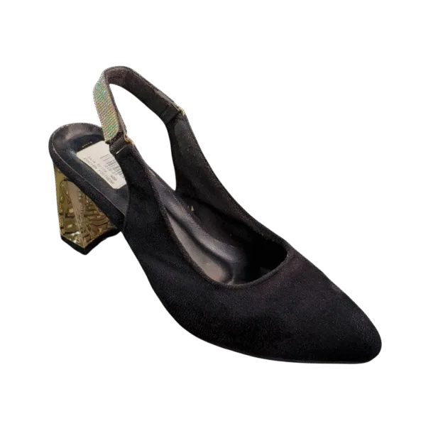 Ladies’ Black Slingback Block Heels (Gold Heel)
 D19-27 - Image 2