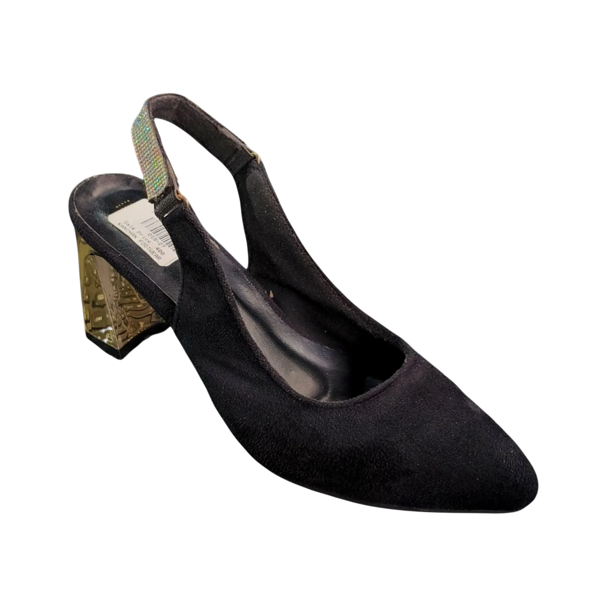 Ladies’ Black Slingback Block Heels (Gold Heel)
 D19-27 - Image 2