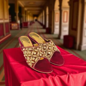 Bridal Maroon-Golden Embroidered Heels ART - D36-43
