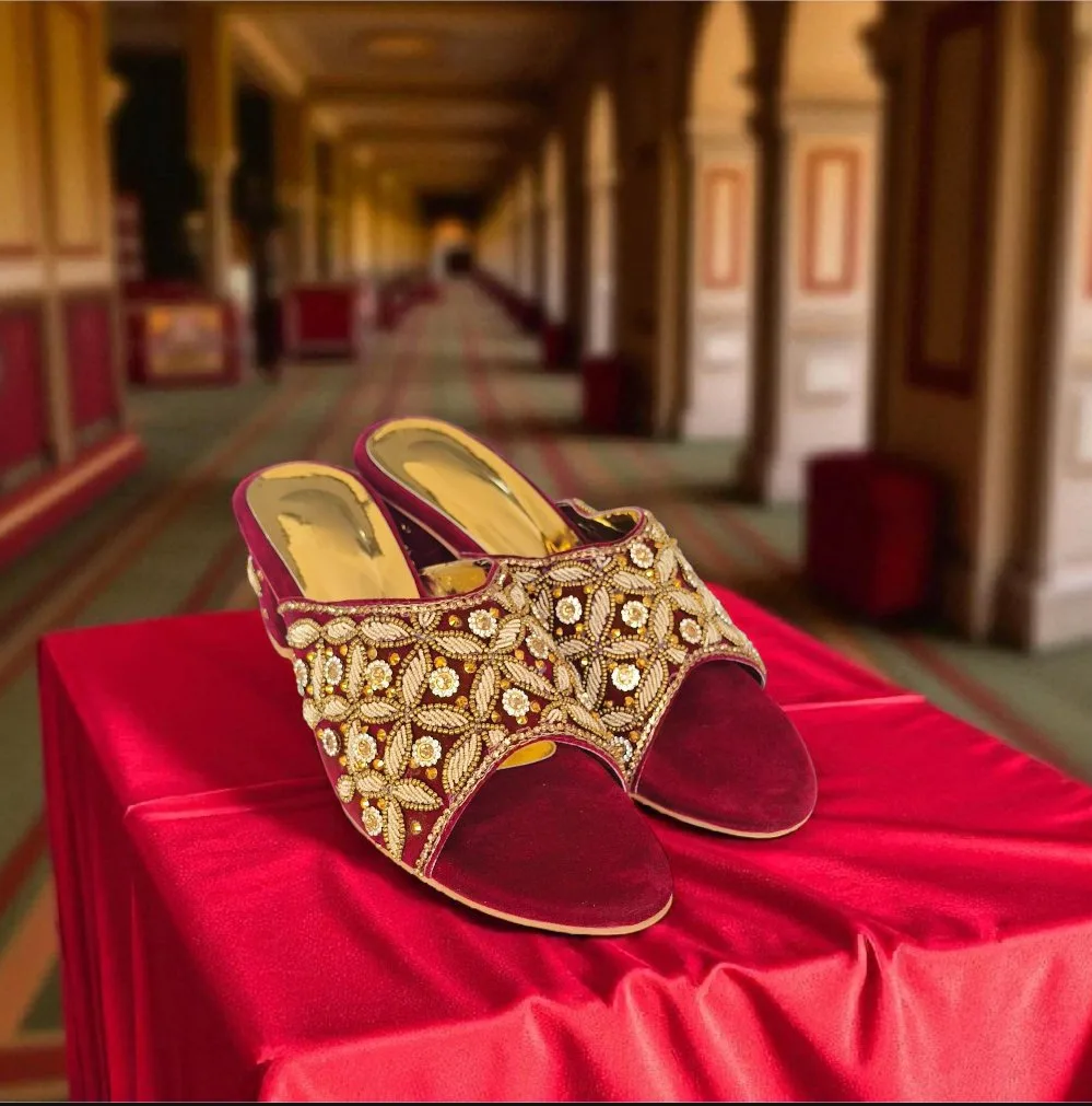 Bridal Maroon-Golden Embroidered Heels ART - D36-43