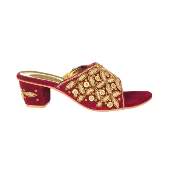 Bridal Maroon-Golden Embroidered Heels ART - D36-43 - Image 3