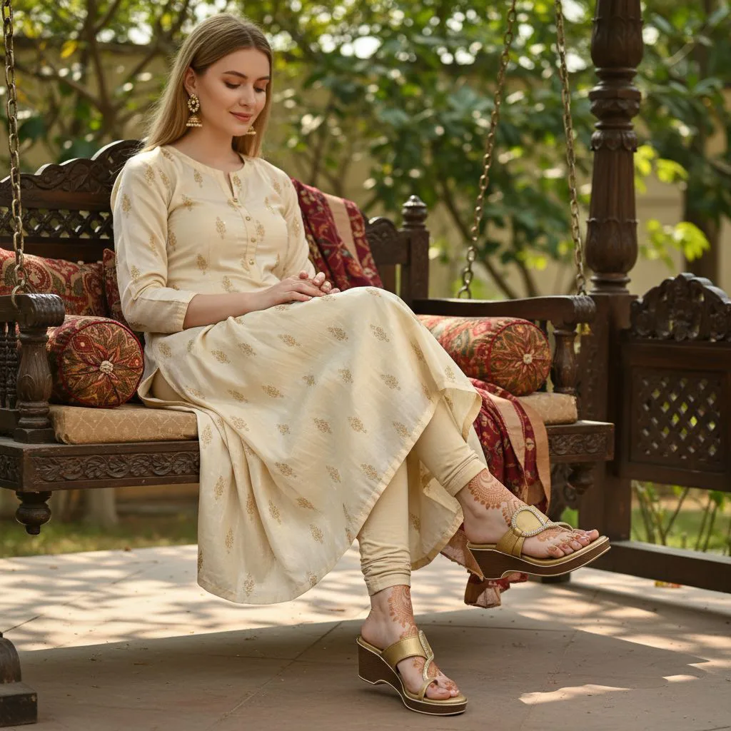 Ladies' Gold Ethnic Wedge Sandals ART - d38-13 - Image 2