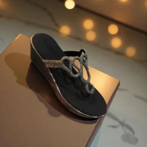 Ladies' Black Crystal Loop Wedge Sandals ART - D38-10
