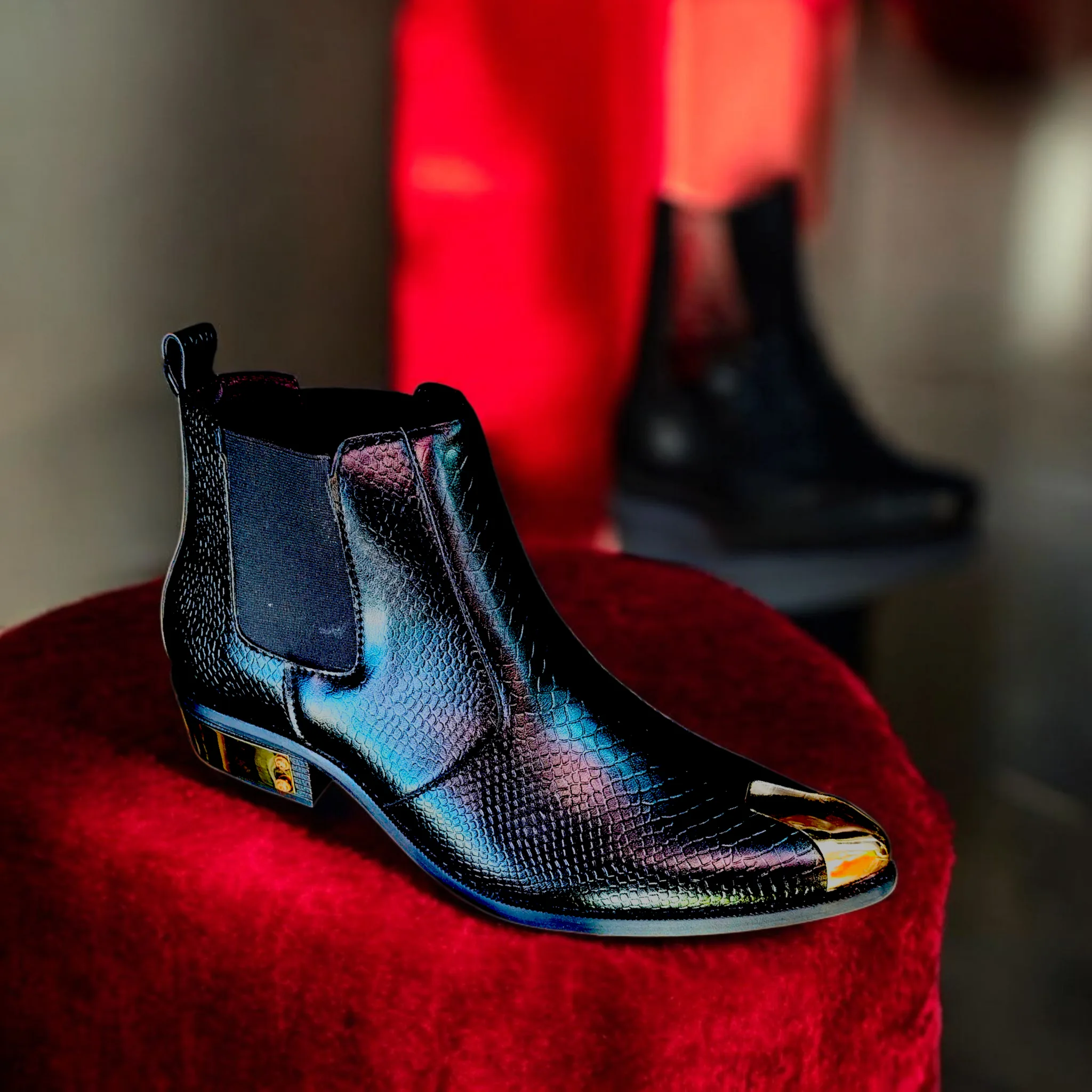 Men’s Shiny Black Chelsea Boots with Gold Accent Art - D38-41