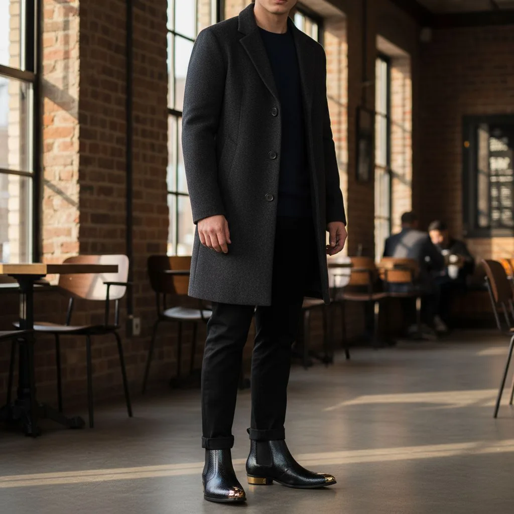 Men’s Shiny Black Chelsea Boots with Gold Accent Art - D38-41 - Image 2