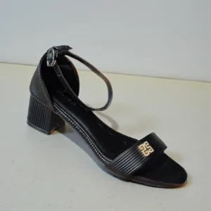 Women's Black Ribbed Block Heel Sandals with Gold Buckle ART - D41-37