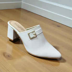 Women’s White Pointed Toe Block Heel Mules ART - D41-34