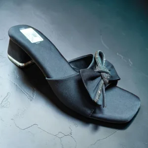 Black Satin Embellished Bow Block Heel Mules 🖤👠 ART - D48-28