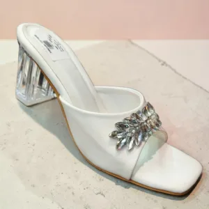 Crystal-Embellished White Lucite Block Heel Mules 👑 ART - D48-23