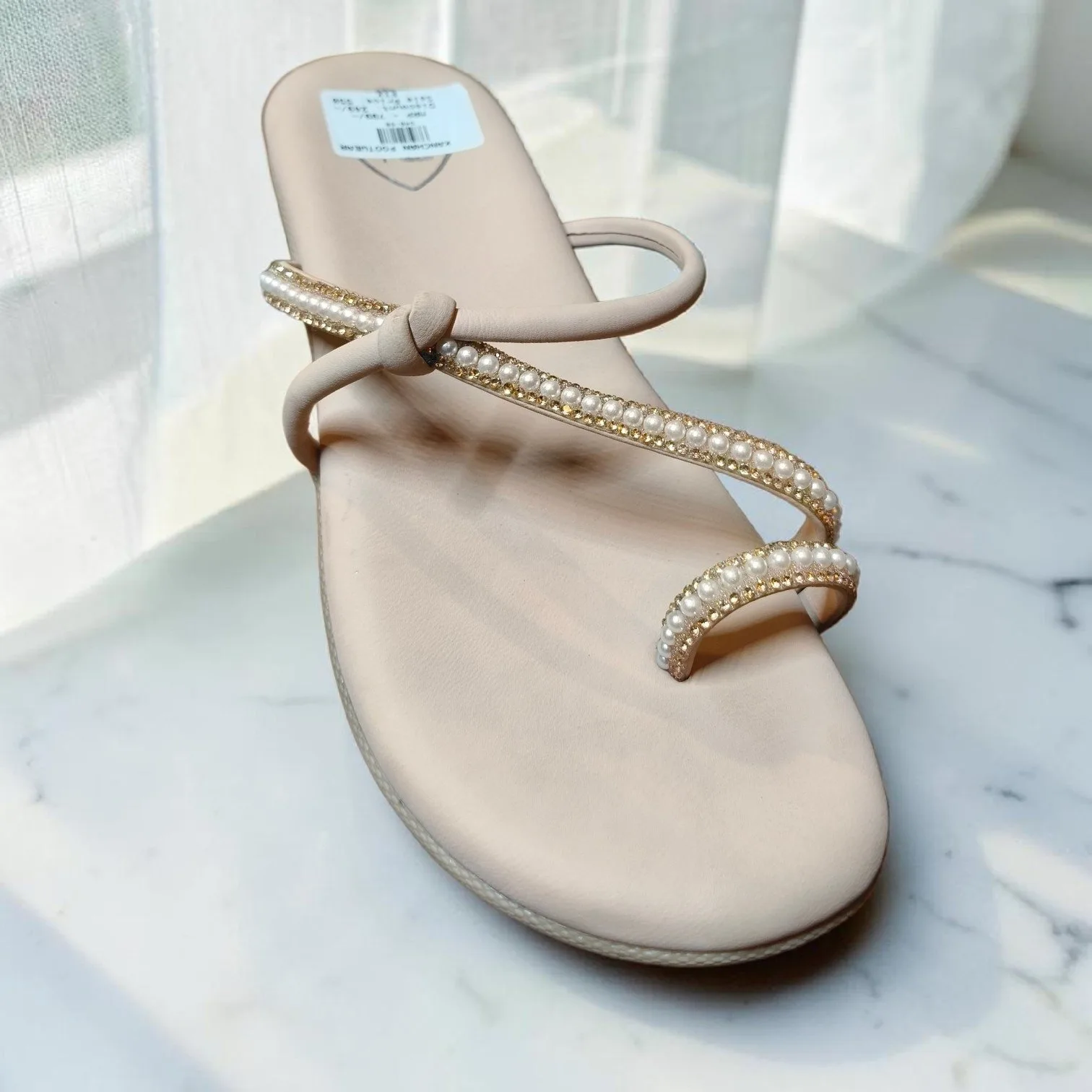 Pearl-Encrusted Nude Toe-Ring Flats ✨ ART - D48-58