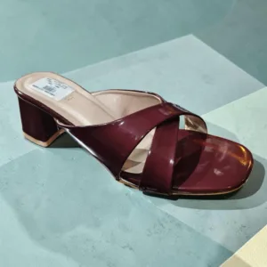 Name: Women's Patent Burgundy Criss-Cross Block Heel Sandals, Art-D49-22