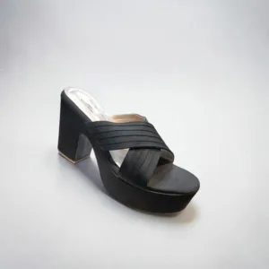 Black Satin Criss-Cross Platform Block Heel Mules,Art-D49-28