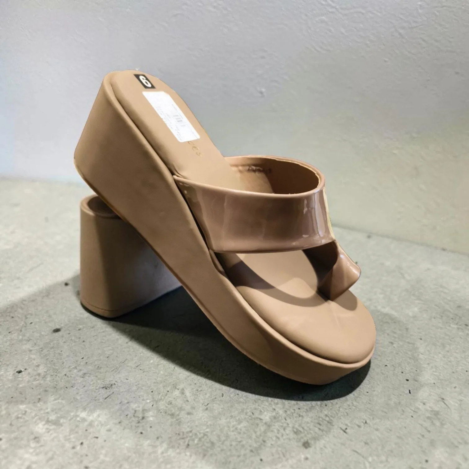 Nude Patent Wedge Sandals (Toe-Ring Slip-On Platform Mules), Art-D49-48